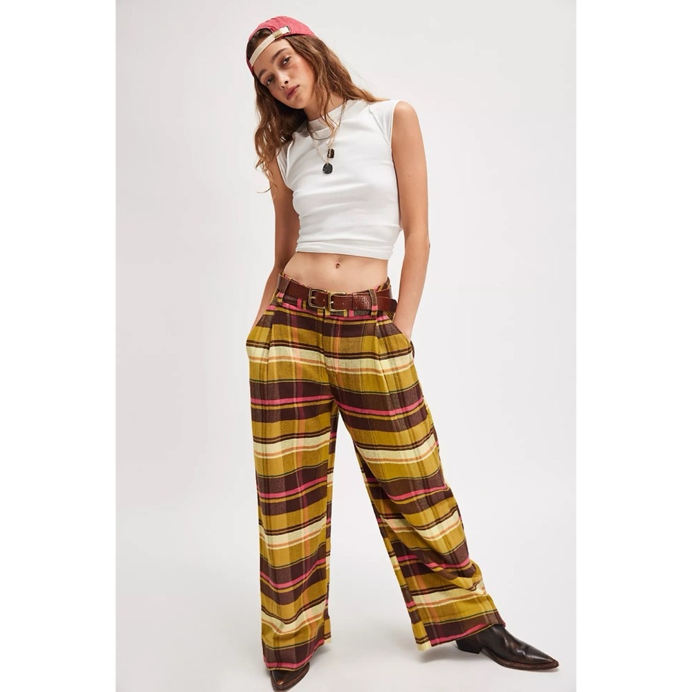 Free People Buckle Back Plaid Trousers